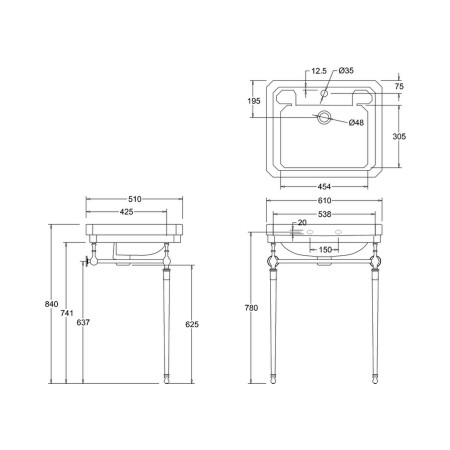 Burlington Victorian 610mm Basin and Gold Washstand Line Drawing