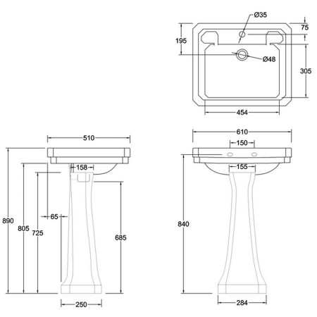 Burlington Victorian 610mm Basin and Regal Pedestal Line Drawing