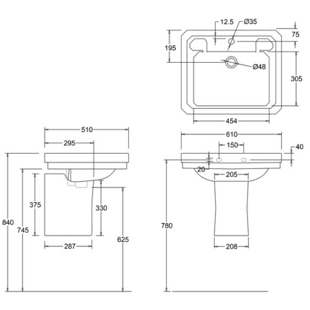 Burlington Victorian 610mm Basin and Semi Pedestal Line Drawing