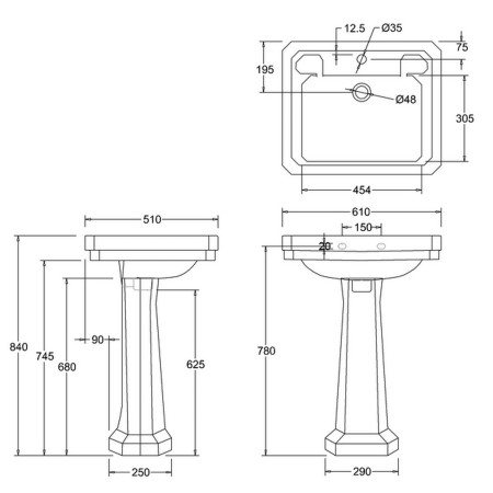 Burlington Victorian 610mm Basin and Standard Pedestal Line Drawing