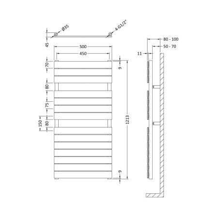 HL335 Hudson Reed Flat Panel Chrome Designer Heated Towel Rail 1213 x 500mm (2)