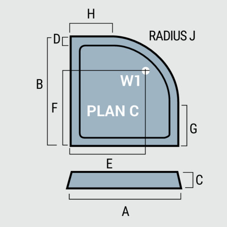 159.2202 Corsair 900mm x 900mm Quadrant Anti Slip Shower Tray Technical Drawing