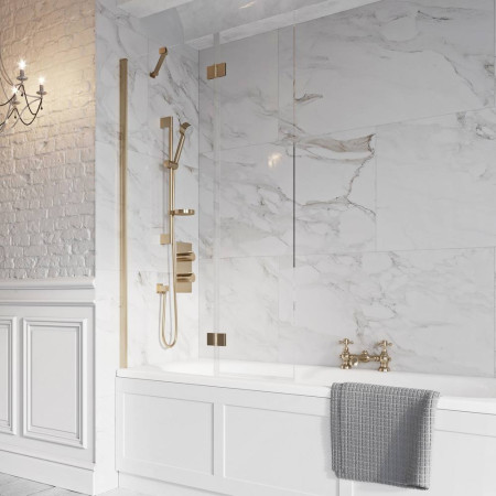 Scudo Dawn Thalia 1500 x 900mm Brushed Brass Outward Opening Bath Screen