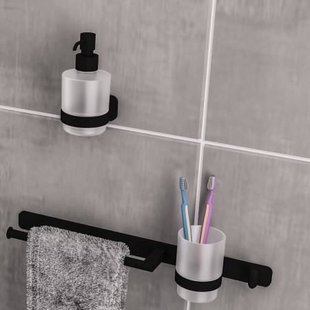 52.422 Eastbrook Asti Matt Black Towel Ring with Hook and Tumbler Holder Lifestyle