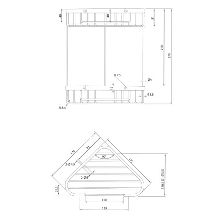 52.232 Eastbrook Brushed Brass Double Corner Solid Brass Shower Basket Line Drawing