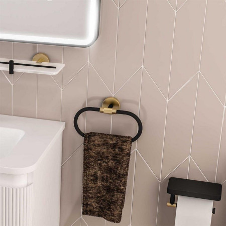 52.502 Eastbrook Catania Black and Brass Toilet Roll Holder with Shelf Lifestyle