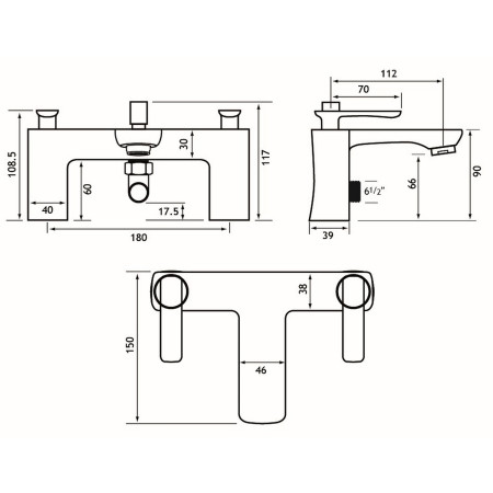 93.0012 Eastbrook Helston Chrome Bath Shower Mixer Dimensions