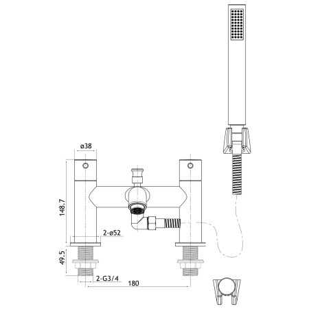 98.2026 Eastbrook Meriden Brushed Brass Bath Shower Mixer Dimensions