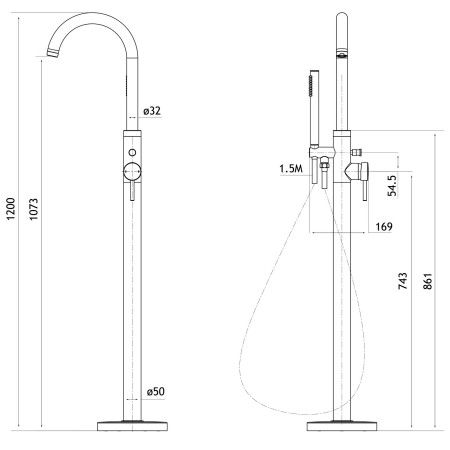 98.2059 Eastbrook Meriden Brushed Brass Freestanding Bath Shower Mixer Dimensions