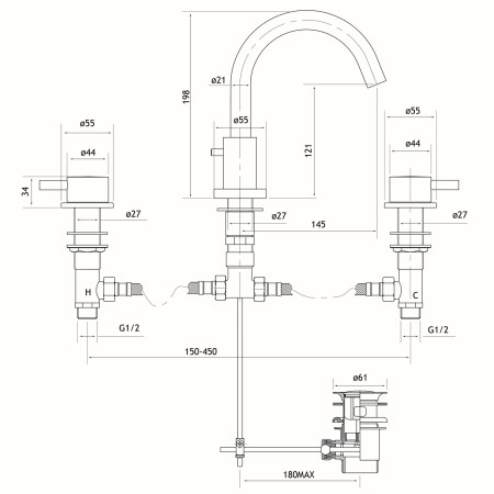 98.2036 Eastbrook Meriden Brushed Brass Three Hole Basin Mixer with Waste Dimensions