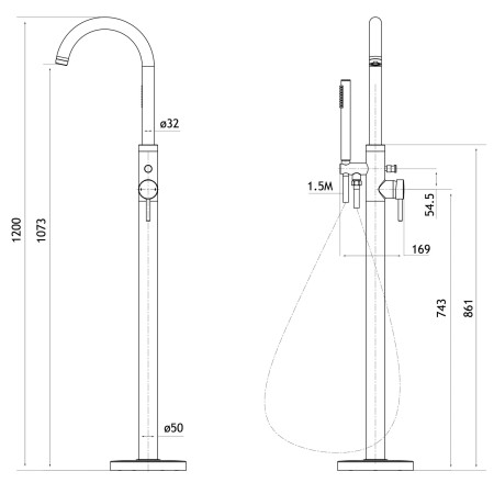 98.4020 Eastbrook Meriden Brushed Bronze Freestanding Bath Shower Mixer Technical Drawing
