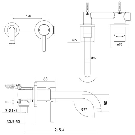 98.4031 Eastbrook Meriden Brushed Bronze Wall Mounted Basin Mixer Line Drawing