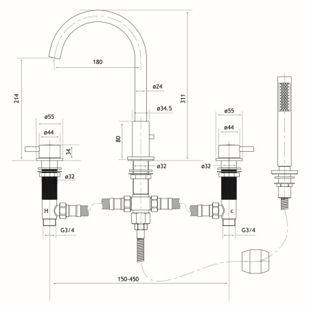 98.2037 Eastbrook Meriden Chrome Four Hole Bath Shower Mixer Dimensions