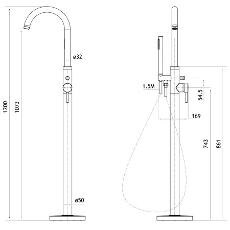 98.2057 Eastbrook Meriden Chrome Freestanding Bath Shower Mixer Dimensions