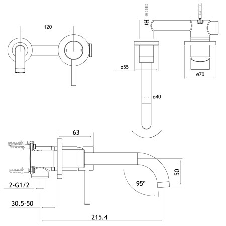 98.2007 Eastbrook Meriden Chrome Wall Mounted Basin Mixer Dimensions