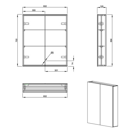 40.0024 Eastbrook Ravini 600 x 700mm Two Door Mirror Cabinet Line Drawing