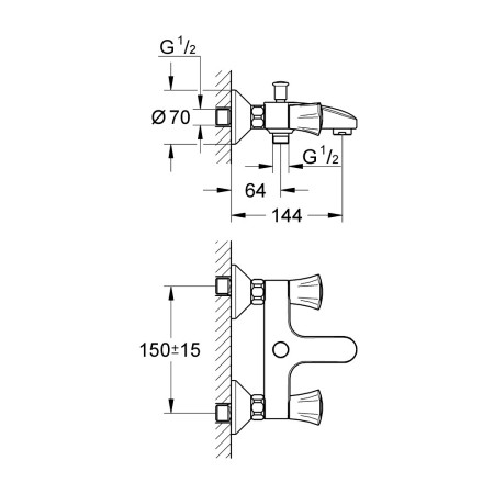 25450001 Grohe Costa L Chrome Dual Knob Bath Shower Mixer Line Drawing