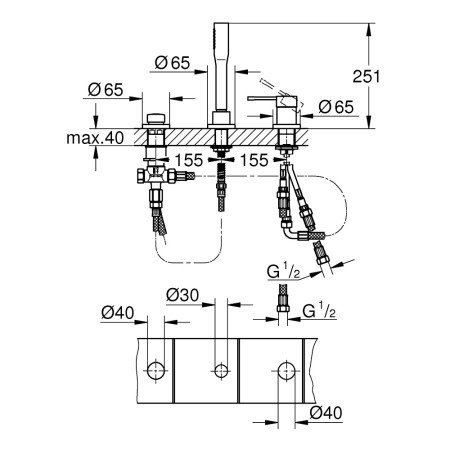 Grohe Essence 3 Tap Hole Bath Combination in Chrome Technical Drawing