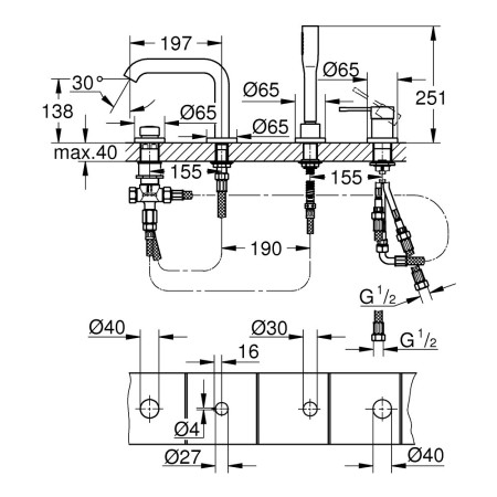 19578001 Grohe Essence 4 Tap Hole Bath Shower Mixer in Chrome Technical Drawing