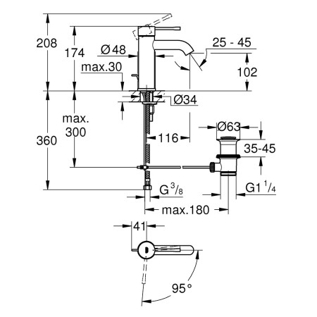 Grohe Essence Basin Mixer Energy Saving S Size in Chrome with Pop Up Waste Technical Drawing