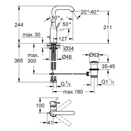 32628GN1 Grohe Essence Basin Mixer L Size Brushed Cool Sunrise Finish with Pop Up Waste Technical Drawing