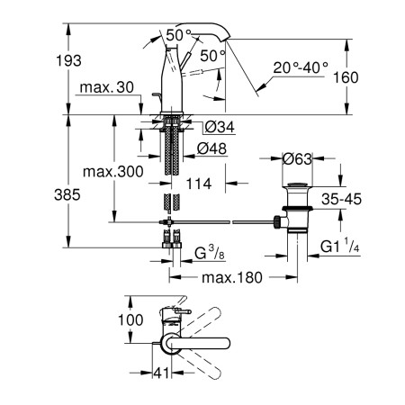23462AL1 Grohe Essence Basin Mixer M Size Brushed Hard Graphite Finish with Pop Up Waste Technical Drawing
