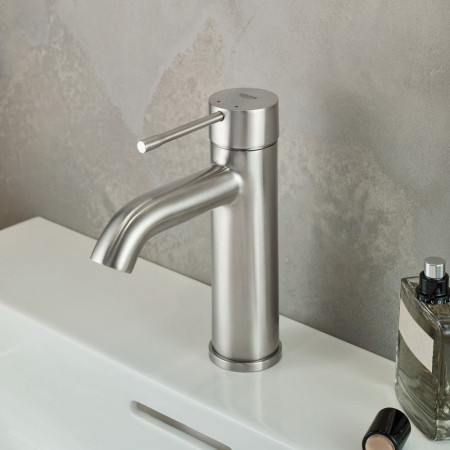 Grohe Essence Basin Mixer Energy Saving S Size in Chrome with Pop Up Waste Room Setting Lifestyle
