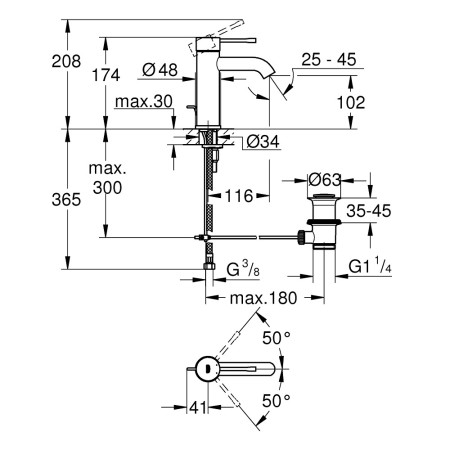 23589DA1 Grohe Essence Basin Mixer S Size Brushed Warm Sunset Finish with Pop Up Waste Technical Drawing