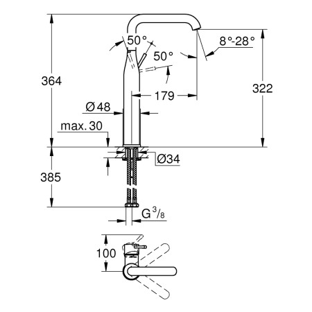 32901001 Grohe Essence Basin Mixer XL Size in Chrome with Pop Up Waste Technical Drawing