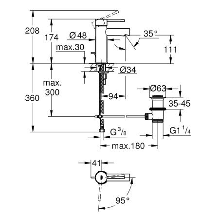 Grohe Essence Basin Mixer in Chrome with Pop Up Waste Set Technical Drawing