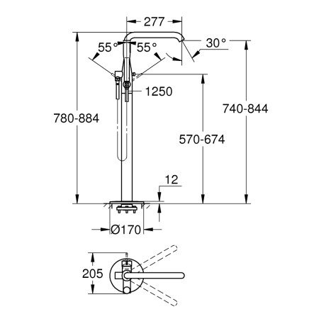 Grohe Essence Floor Mounted Bath Shower Mixer in Chrome Technical Drawing