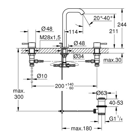 20299001 Grohe Essence Three Tap Hole Basin Mixer L Size in Chrome with Pop Up Waste Technical Drawing