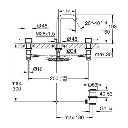 Grohe Essence Three Tap Hole Basin Mixer M Size in Chrome with Pop Up Waste Technical Drawing