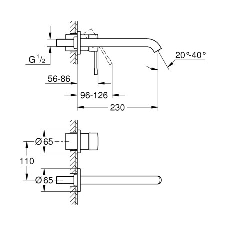 19967001 Grohe Essence Two Tap Hole Basin Mixer L Size in Chrome Wall Mounted Technical Drawing