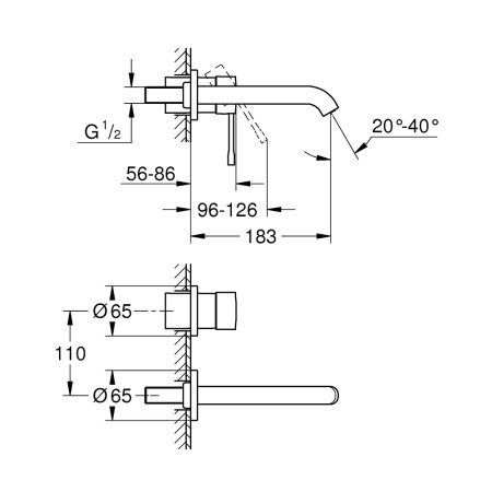 19408001 Grohe Essence Two Tap Hole Basin Mixer M Size in Chrome Wall Mounted Technical Drawing