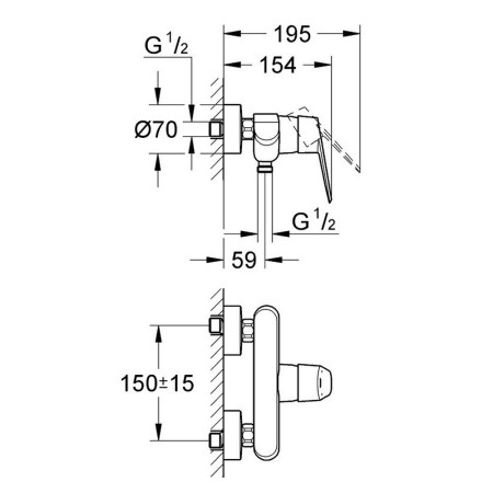 33569002 Grohe Eurodisc Cosmopolitan Single Lever Exposed Shower Mixer Line Drawing
