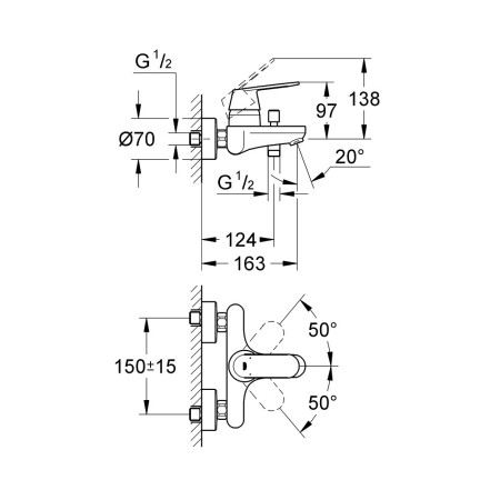 32831000 Grohe Eurosmart Cosmopolitan Wall Mounted Bath Shower Mixer Line Drawing
