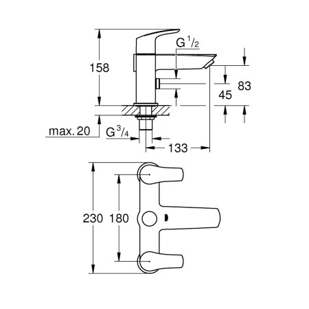 25105003 Grohe Eurosmart Two Handled Bath Shower Mixer Line Drawing