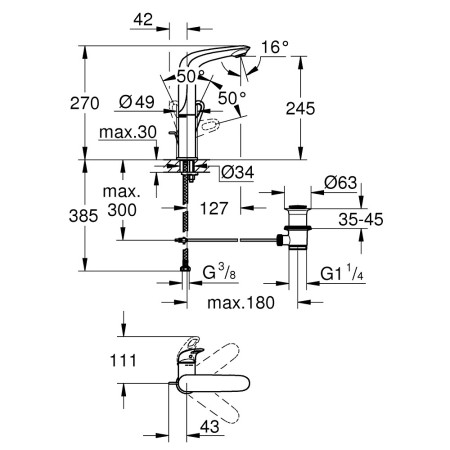 23569003 Grohe Eurostyle 2015 L-Size Chrome Single Lever Basin Mixer With Pop-Up Waste Line Drawing