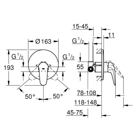 23725003 Grohe Eurostyle Chrome Concealed Shower Mixer Valve Line Drawing
