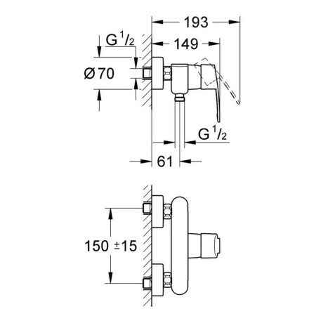 33590002 Grohe Eurostyle Cosmopolitan Single Lever Exposed Shower Mixer Line Drawing