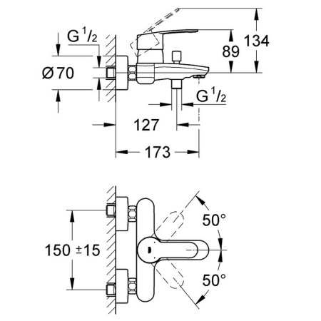 33591002 Grohe Eurostyle Cosmopolitan Wall Mounted Chrome Bath Shower Mixer Line Drawing