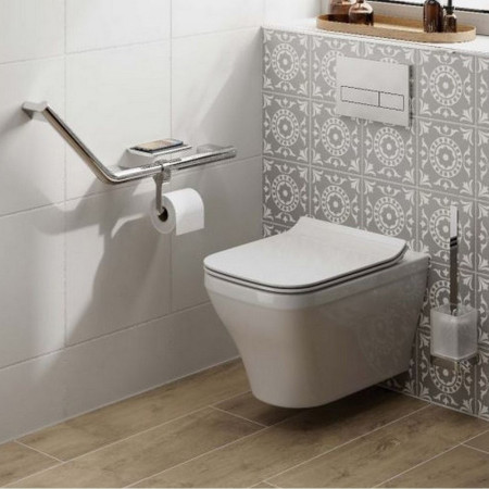 HIB Angled Grab Bar with Toilet Roll Holder and Shelf with Anti Slip Mat Left Handed