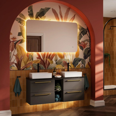 79500600 HIB Arcane Brushed Brass 120 Curve Illuminated Frame Bathroom Mirror Bathroom Setting