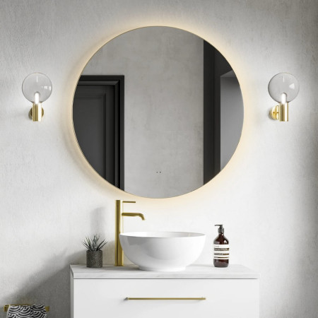 79501200 HIB Arcane Brushed Brass 80 Round Illuminated Frame Bathroom Mirror Lifestyle