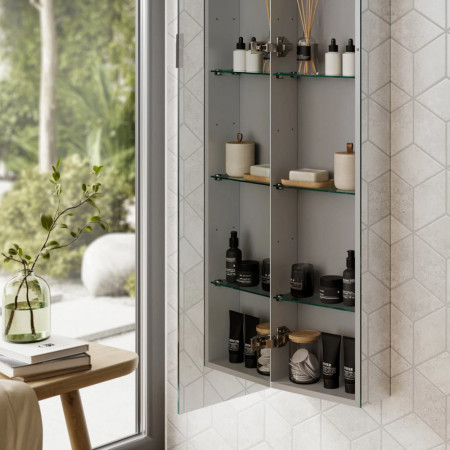 45300 HIB Eris 30 Aluminium Tall Slimline Bathroom Cabinet Door Open Bottom View