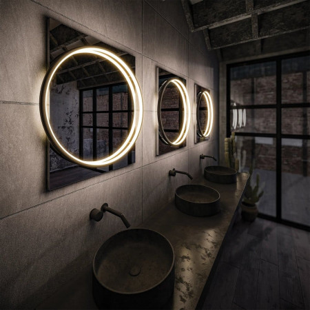 79520500 HIB Solas 50 LED Round Steam Free Black Frame Illuminated Mirror Bathroom Setting