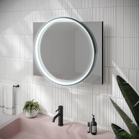 79520600 HIB Solas 60 LED Round Steam Free Black Frame Illuminated Mirror Lifestyle