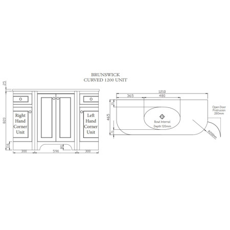 Harrogate Brunswick 1200mm Spa Grey Curved Vanity Unit with Basin Line Drawing