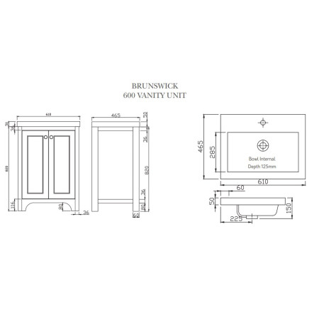 HARR-BRUNS-600-SPA/HARR-600-BASIN Harrogate Brunswick 600mm Spa Grey Vanity Unit with Basin Line Drawing